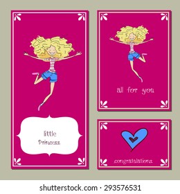 Hand-sketched templates with a beautiful girl. Stylish clothes. Vector.  Suitable for ads, invitations, signboards, business  card,  beauty salon, discount, sale, card and web banner designs