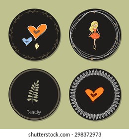Hand-sketched templates with a beautiful girl. Stylish clothes. Vector.  Suitable for ads, invitations, signboards, business  card, a clothing store, congratulations, beauty salon, discount, sale