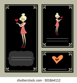 Hand-sketched templates with a beautiful girl. Suitable for ads, invitations, signboards, business  card, a clothing store, congratulations, beauty salon, discount, sale, card and web banner designs