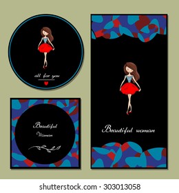 Hand-sketched templates with a beautiful girl. Suitable for ads, invitations, signboards, business  card, a clothing store, congratulations, beauty salon, discount, sale, card and web banner designs