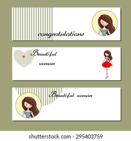 Hand-sketched templates with a beautiful girl. Vector.  Suitable for ads, invitations, signboards, business  card, a clothing store, congratulations, beauty salon, discount, sale, card 