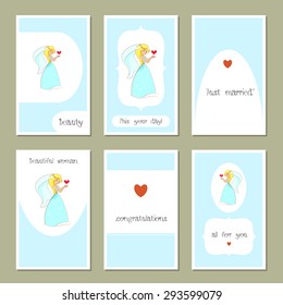 Hand-sketched templates with a cute girl, bride, heart. Wedding invitation, congratulations, beauty salon. Suitable for ads, invitations, signboards, business  card, and web banner designs
