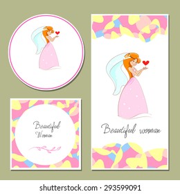 Hand-sketched templates with a cute girl, bride, heart. Wedding invitation, congratulations, beauty salon. Suitable for ads, invitations, signboards, business  card, and web banner designs