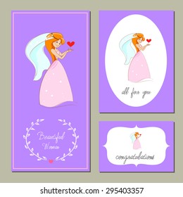 Hand-sketched templates with a cute girl, bride, heart. Wedding invitation, congratulations, beauty salon. Suitable for ads, invitations, signboards, business card, and web banner designs