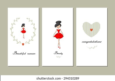 Hand-sketched templates with a girl. Stylish clothes. Suitable for ads, invitations, signboards, business  card, store, congratulations, beauty salon, discount, sale, card and web banner designs.
