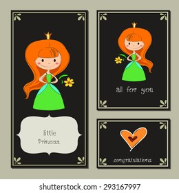 Hand-sketched templates with little princess, bride, heart. Wedding invitation, congratulations, beauty salon. Suitable for ads, invitations, signboards, business  card, and web banner designs.