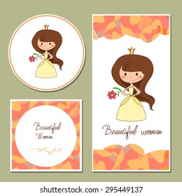 Hand-sketched templates with little princess, bride, heart. Wedding invitation, congratulations, beauty salon. Suitable for ads, invitations, signboards, business  card, and web banner designs.