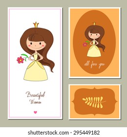 Hand-sketched templates with little princess, bride, heart. Wedding invitation, congratulations, beauty salon. Suitable for ads, invitations, signboards, business  card, and web banner designs.