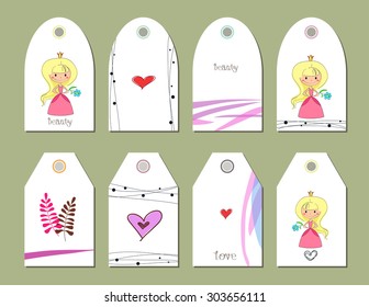 Hand-sketched templates with little princess, bride, heart. Wedding invitation, congratulations, beauty salon. Suitable for ads, invitations, signboards, business  card, and web banner designs.