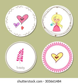 Hand-sketched templates with little princess, bride, heart. Wedding invitation, congratulations, beauty salon. Suitable for ads, invitations, signboards, business  card, and web banner designs.