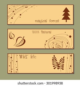 Hand-sketched templates with wildflowers, grasses, leaves. Eco, wood, nature, health, natural, seasons. Suitable for ads, invitations, signboards, business  card, and web banner designs