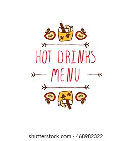 Hand-sketched typographic element with apple, apple cider and text on white background. Hot drinks menu