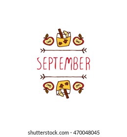 Hand-sketched typographic element with apple, apple cider and text on white background. September