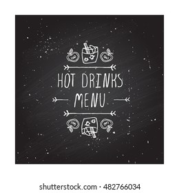 Hand-sketched typographic element with apple, apple cider and text on chalkboard background. Hot drinks menu