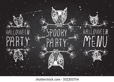 Hand-sketched typographic element on chalkboard background.  Halloween Party. Spooky party. Halloween menu.