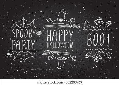 Hand-sketched typographic element on chalkboard background.  Boo. Spooky party. Happy Halloween.