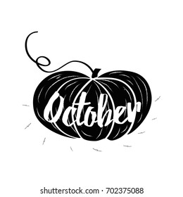Hand-sketched typographic element with pumpkins, hearts, pumpkin and text on white background. October. Typography posters with black pumpkin shape in graphic style. Vector illustration