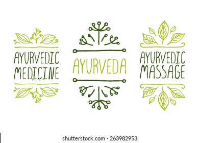 Hand-sketched typographic elements. Ayurveda product labels. Suitable for ads, signboards, packaging and identity and web designs. Ayurvedic medicine, Ayurveda, Ayurvedic massage