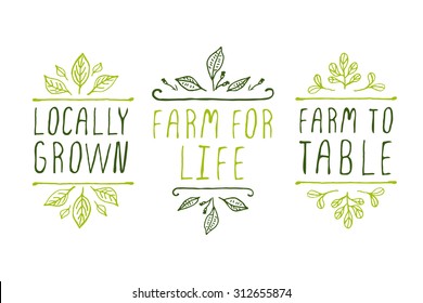 Hand-sketched typographic elements. Farm product labels. Suitable for ads, signboards, packaging and identity and web designs. Locally grown. Farm for life. Farm to table.