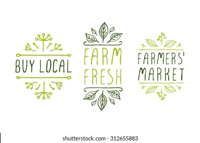 Hand-sketched typographic elements. Farm product labels. Suitable for ads, signboards, packaging and identity and web designs. Buy local. Farm fresh. Farmers market.