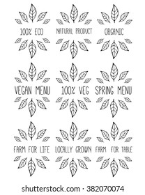 Hand-sketched typographic elements. Farm product labels. Suitable for ads, signboards, packaging and identity and web designs. Locally grown. Farm for life. Farm to table.