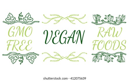 Hand-sketched typographic elements. Farm product labels for organic, natural, eco or bio products isolated on white background. Handwritten words - gmo free, vegan, raw foods.