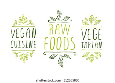Hand-sketched typographic elements. Healthy food product labels. Suitable for ads, signboards, packaging and identity and web designs. Vegan cuisine. Raw foods. Vegetarian