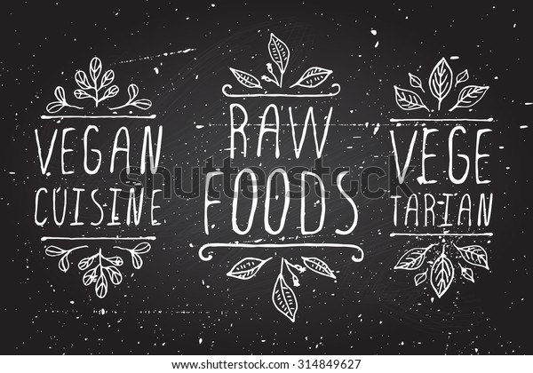 Hand-sketched typographic elements. Healthy\
food product labels on chalkboard background. Vegan cuisine. Raw\
foods.\
Vegetarian