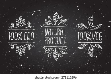 Hand-sketched typographic elements on chalkboard background. Natural products. Suitable for ads, signboards, menu and web banner designs