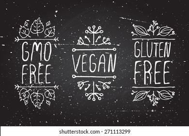 Hand-sketched typographic elements on chalkboard background. GMO free. Vegan. Gluten free. Suitable for ads, signboards, menu and web banner designs