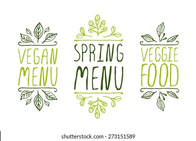 Hand-sketched typographic elements on white background. Vegan menu. Spring menu. Veggie food. Restaurant labels. Suitable for ads, signboards, menu and web banner designs