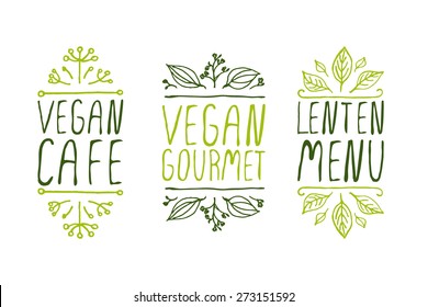 Hand-sketched typographic elements on white background. Vegan cafe. Vegan gourmet. Lenten menu. Restaurant labels. Suitable for ads, signboards, menu and web banner designs