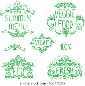 Hand-sketched typographic elements on white background. Vegan cafe. Suitable for ads, signboards, menu and web banner designs. Vector.