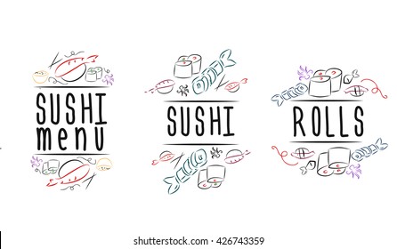 Hand-sketched typographic elements on white background. Sushi, rolls, japan food. Suitable for ads, signboards, menu and web banner designs.hand-drawn