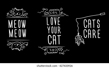 Hand-sketched typographic elements on white background. Cats stuf, accessories. Suitable for ads, signboards, menu and web banner designs