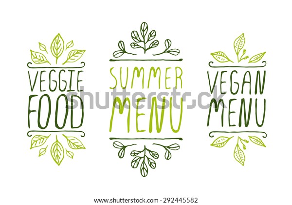 Hand-sketched typographic elements\
on white background. Vegan menu. Summer menu. Veggie food.\
Restaurant labels. Suitable for ads, signboards, menu and web\
banner designs