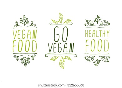 Hand-sketched typographic elements. Vegan product labels. Suitable for ads, signboards, packaging and identity and web designs. Vegan food, go vegan, healthy food