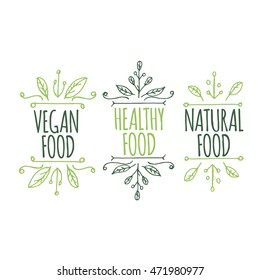 Hand-sketched typographic elements. Vegan product labels. Suitable for ads, signboards, packaging and identity and web designs. Vegan food, healthy food, natural food.