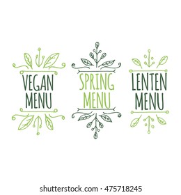 Hand-sketched typographic elements. Vegan product labels. Suitable for ads, signboards, packaging and identity and web designs. Vegan menu, spring menu, lenten menu.