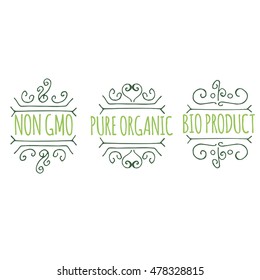 Hand-sketched typographic elements. Vegan product labels. Suitable for ads, signboards, packaging and identity and web designs. Non gmo, pure organic, bio product.