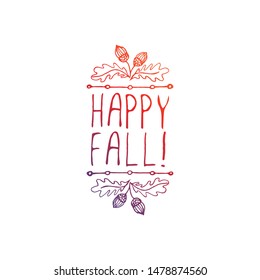 Hand-sketched typographic gradient element with acorns and text on white background. Happy fall