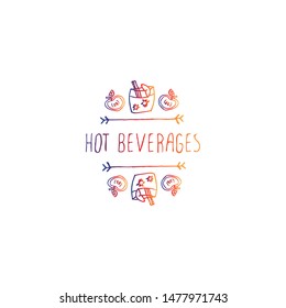 Hand-sketched typographic gradient element with apple, apple cider and text on white background. Hot beverages