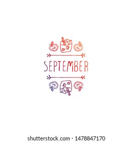 Hand-sketched typographic gradient element with apple, apple cider and text on white background. September