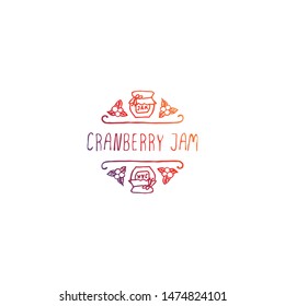 Hand-sketched typographic gradient element with jam, berries and text on white background. Cranberry jam