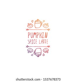 Hand-sketched typographic gradient element with pumpkins, hearts, hot beverage and text on white background. Pumpkin spice latte