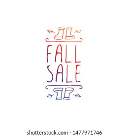 Hand-sketched typographic gradient element with rubber boots, leaves and text on white background. Fall sale