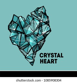 Handsketched vector ink illustration of polygonal blue diamond crystal, heart shaped gem stone. Symbol of indifference, coldness, heartbreak and unrequited love.  