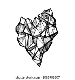 Handsketched vector ink illustration of polygonal diamond crystal, heart shaped gem stone. Symbol of indifference, coldness, heartbreak and unrequited love.  