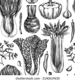 Fondo de verduras con esbozos a mano. Patrón vectorial sin fisuras con elementos alimentarios hechos a mano. Plantas vitícolas sanas de estilo grabado. Fondo de verduras para el diseño de papel de embalaje, textiles