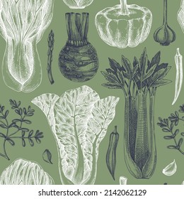 Hand-sketched vegetable background. Vector seamless pattern with hand drawn food elements. Vintage healthy plants in engraved style. Vegetables backdrop for wrapping paper, textile, packaging design